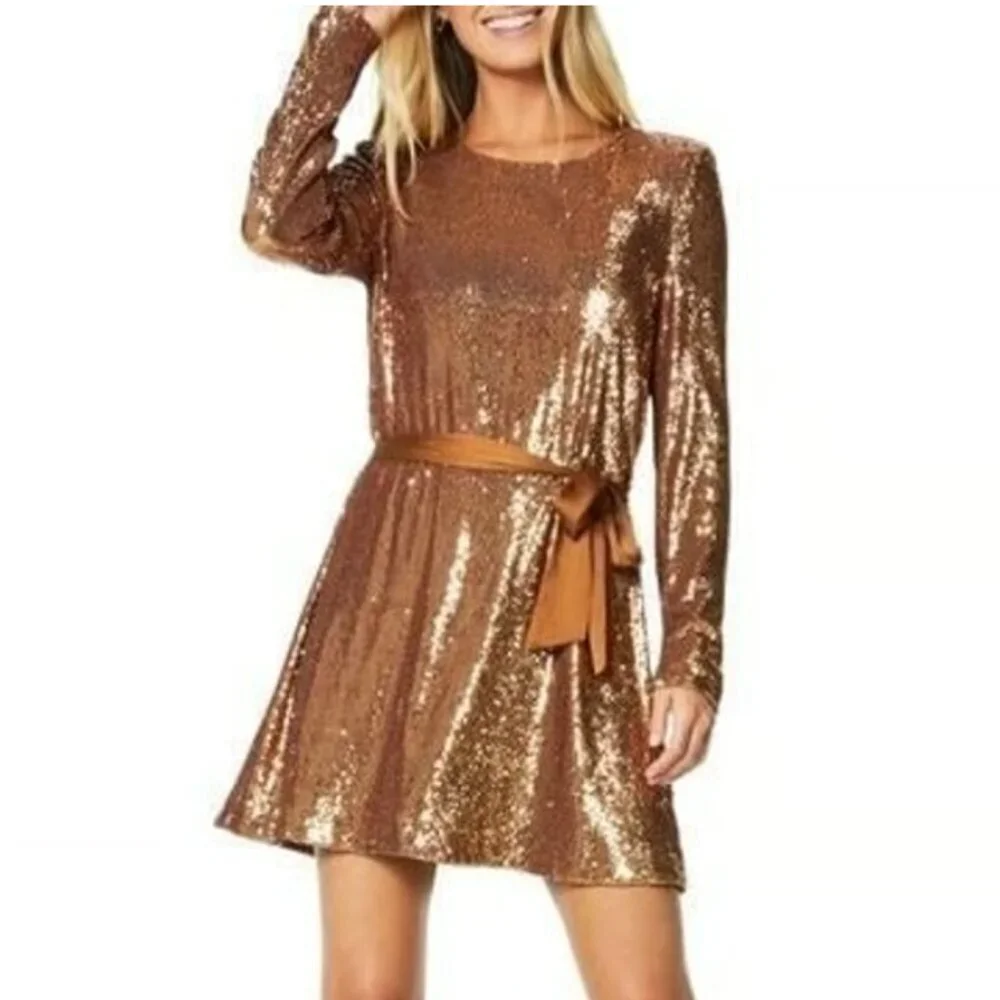 Ramy Brook Copper Long Sleeve Sequin Hallie Dress Womens XS